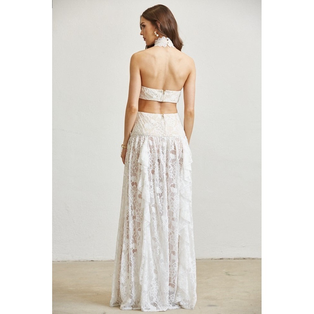 Blithe Lace Ruffle Drop Waist Maxi Dress with Cutouts S - Picture 2 of 12